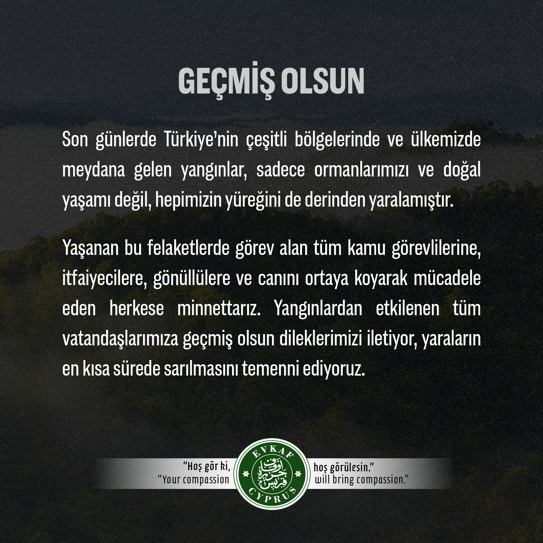 Son günlerde Türkiye’nin çeşitli bölgelerinde ve ülkemizde meydana gelen yangınlar, sadece ormanlarımızı ve doğal yaşamı değil, hepimizin yüreğini de derinden yaralamıştır.