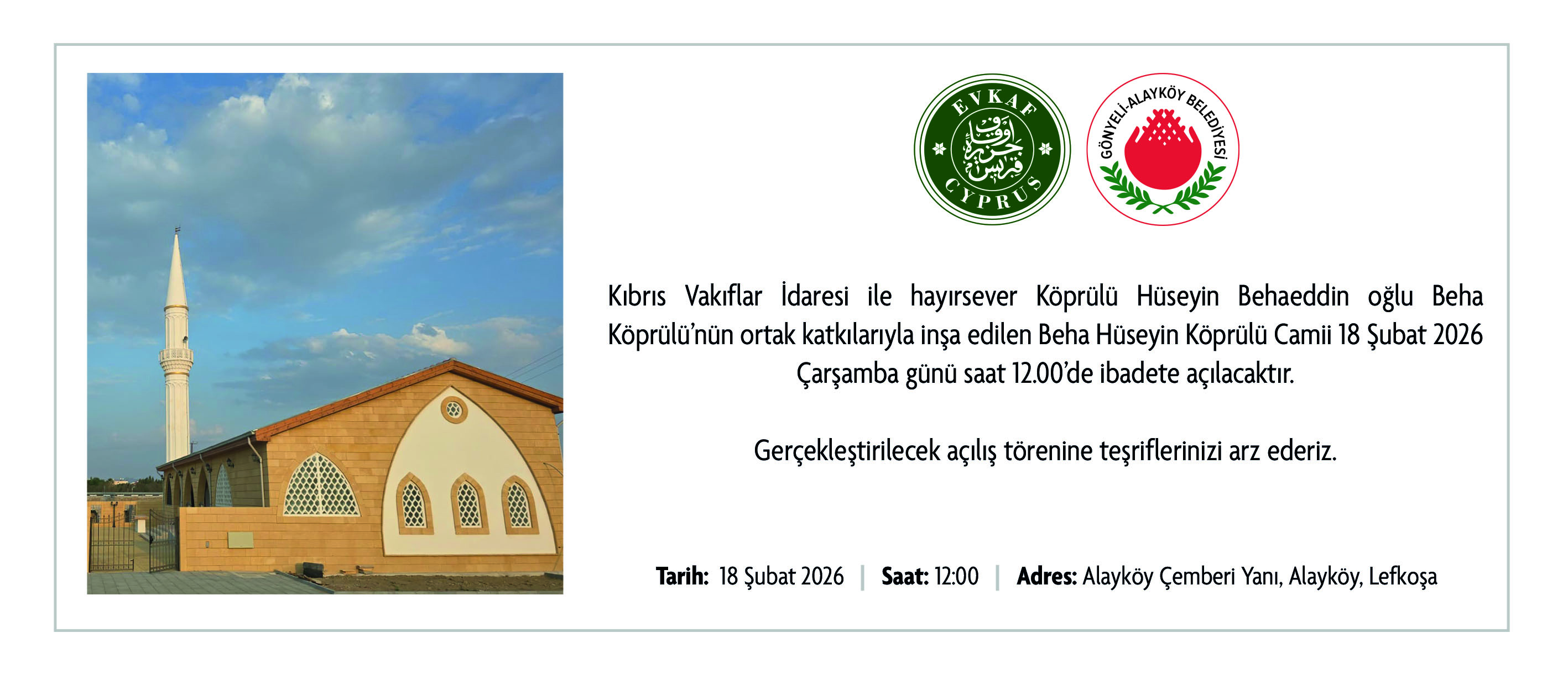 Beha Hüseyin Köprülü Camii İbadete Açılıyor
