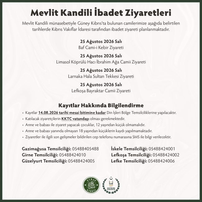 Mevlit Kandili münasebetiyle Güney Kıbrıs’ta bulunan tarihi ibadet mekânlarımıza yönelik ziyaretler planlanmaktadır.